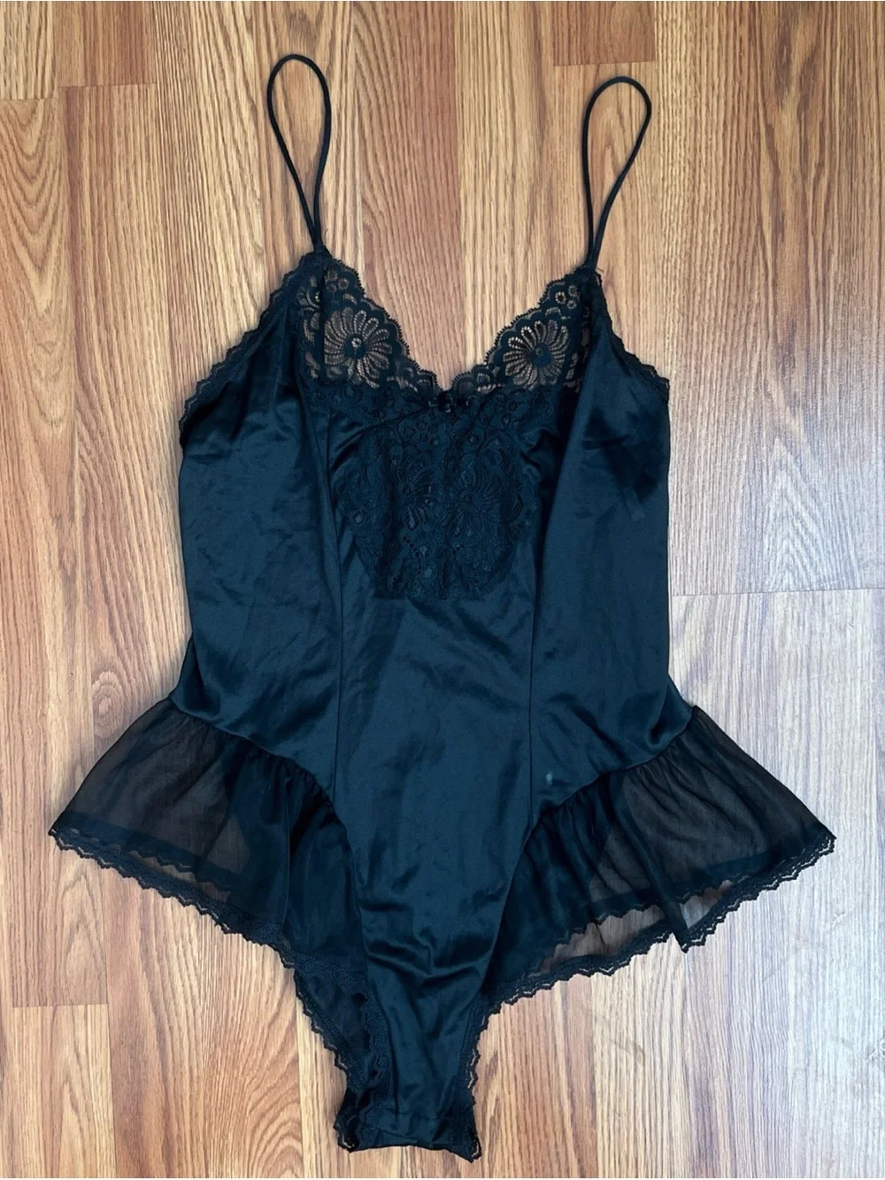 Black Lace Trim Satin Teddy Bodysuit - Women Intimates
